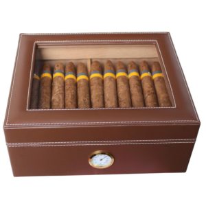 AMANCY Quality Brown Leather Handmade 25-50 Cigar Humidor ,Desktop Cedar Wood Lined Cigar Storage box